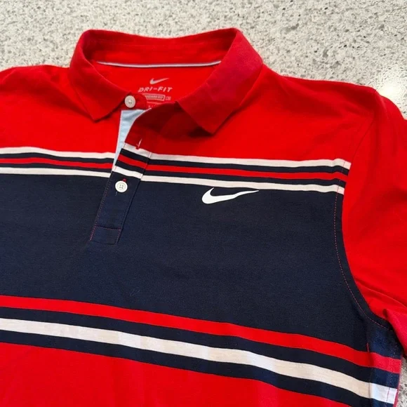 Nike Standard Fit Men’s Large Red and Navy Striped Polo Cotton - Picture 1 of 8